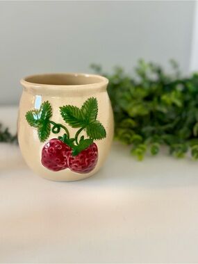 Vintage Cream Strawberry Ceramic Planter Jar Vase Crock